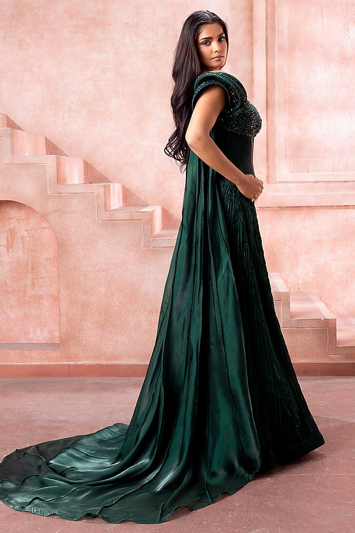 Emerald Green Shimmer Organza Pleated Skirt Set by Neeta Lulla at Pernia's Pop Up Shop