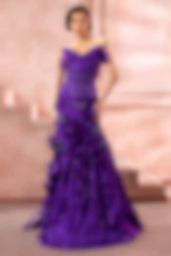 Violet Satin Tissue Organza 3D Applique Embellished Skirt Set by Neeta Lulla at Pernia's Pop Up Shop