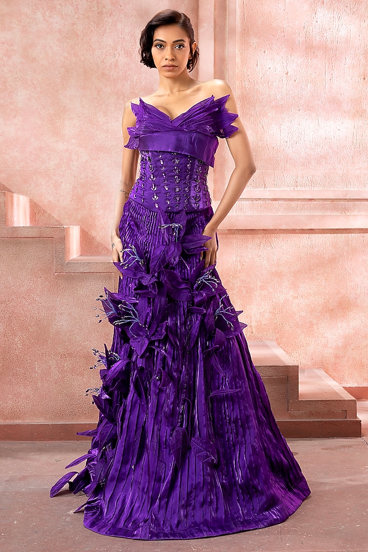 Violet Satin Tissue Organza 3D Applique Embellished Skirt Set by Neeta Lulla at Pernia's Pop Up Shop