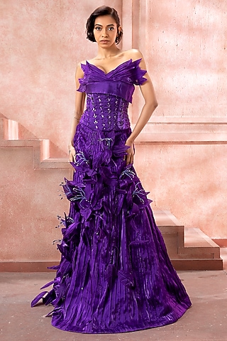 Violet Satin Tissue Organza 3D Applique Embellished Skirt Set by Neeta Lulla