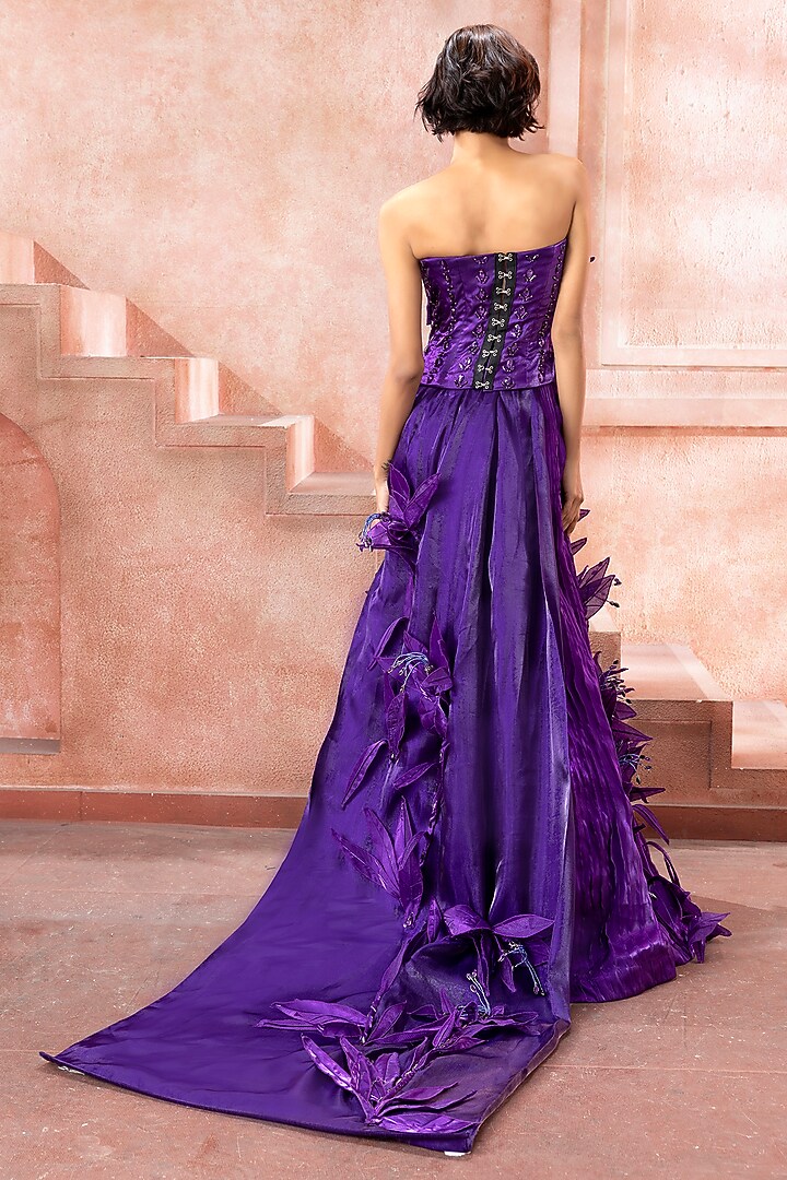 Violet Satin Tissue Organza 3D Applique Embellished Skirt Set by Neeta Lulla at Pernia's Pop Up Shop