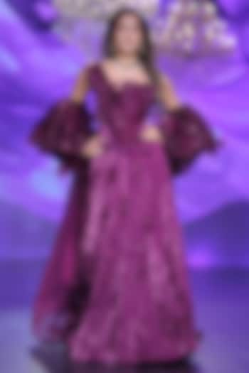 Mulberry Satin Tissue Organza 3D Applique Embellished Skirt Set by Neeta Lulla at Pernia's Pop Up Shop