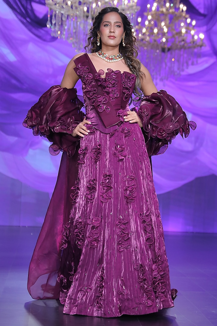 Mulberry Satin Tissue Organza 3D Applique Embellished Skirt Set by Neeta Lulla at Pernia's Pop Up Shop