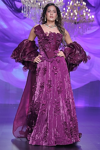 Mulberry Satin Tissue Organza 3D Applique Embellished Skirt Set by Neeta Lulla