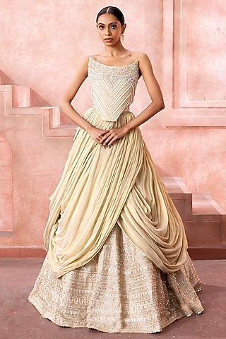 Ivory Chanderi Silk Sculpted Lehenga Set by Neeta Lulla