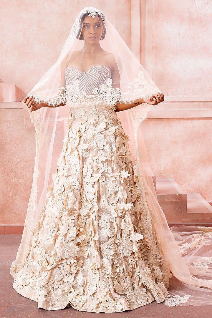 Ecru Organza 3D Floral Applique Embroidered Trail Bridal Lehenga Set by Neeta Lulla at Pernia's Pop Up Shop