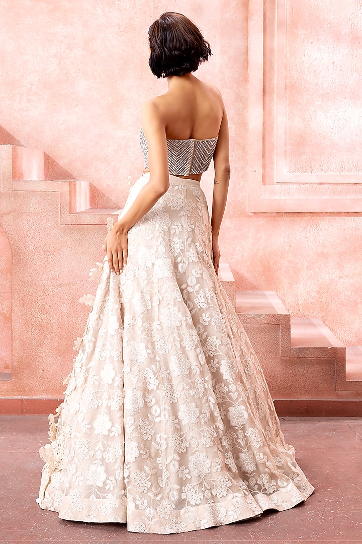 Ecru Organza 3D Floral Applique Embroidered Trail Bridal Lehenga Set by Neeta Lulla at Pernia's Pop Up Shop