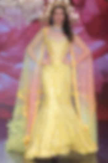 Radiant Yellow Tulle 3D Floral Embroidered Bridal Lehenga Set by Neeta Lulla at Pernia's Pop Up Shop