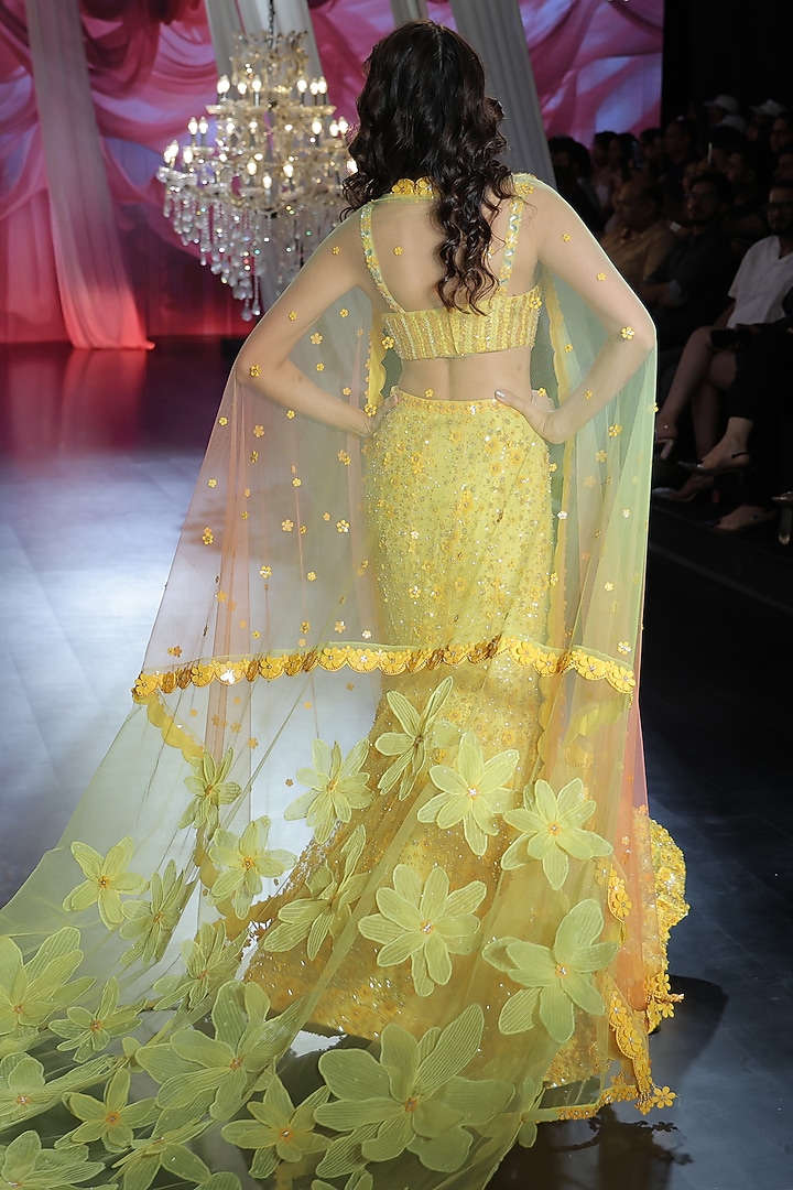 Radiant Yellow Tulle 3D Floral Embroidered Bridal Lehenga Set by Neeta Lulla at Pernia's Pop Up Shop