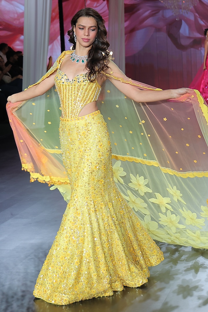 Radiant Yellow Tulle 3D Floral Embroidered Bridal Lehenga Set by Neeta Lulla at Pernia's Pop Up Shop