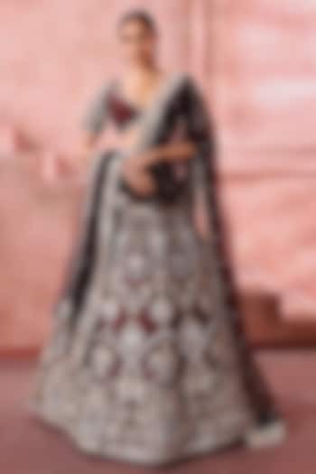 Mocha Brown Tulle Floral Motif Embroidered Bridal Lehenga Set by Neeta Lulla at Pernia's Pop Up Shop