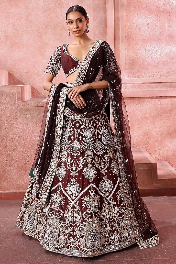Mocha Brown Tulle Floral Motif Embroidered Bridal Lehenga Set by Neeta Lulla at Pernia's Pop Up Shop