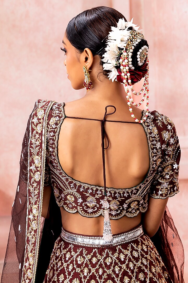Mocha Brown Tulle Floral Motif Embroidered Bridal Lehenga Set by Neeta Lulla at Pernia's Pop Up Shop