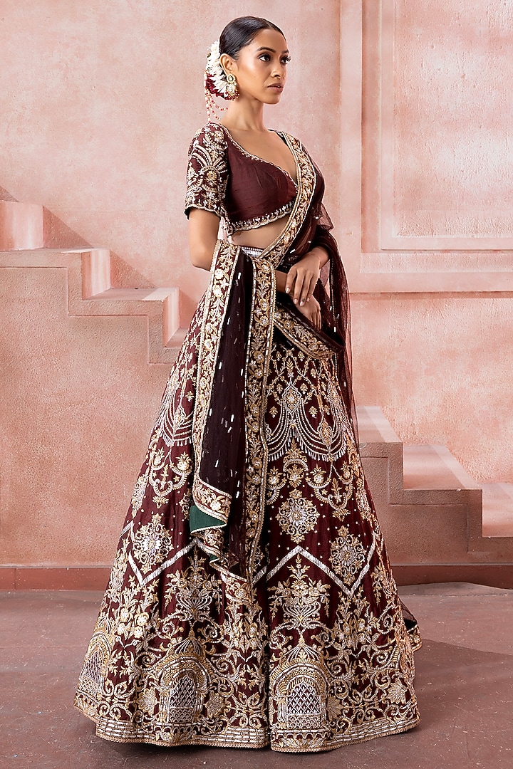 Mocha Brown Tulle Floral Motif Embroidered Bridal Lehenga Set by Neeta Lulla at Pernia's Pop Up Shop
