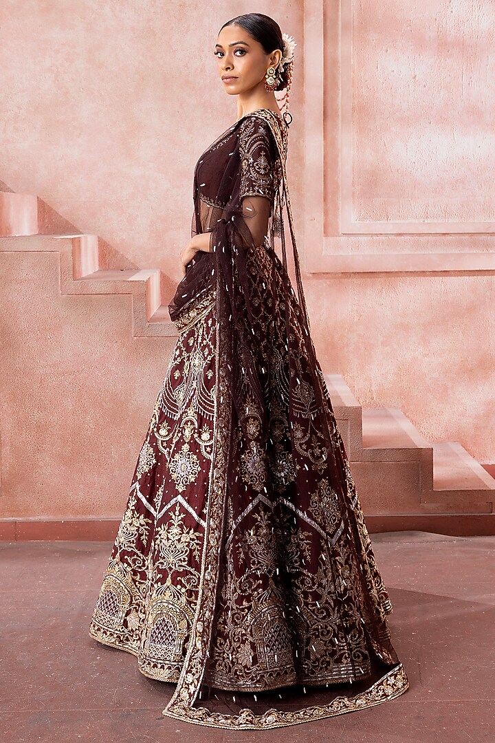 Mocha Brown Tulle Floral Motif Embroidered Bridal Lehenga Set by Neeta Lulla at Pernia's Pop Up Shop