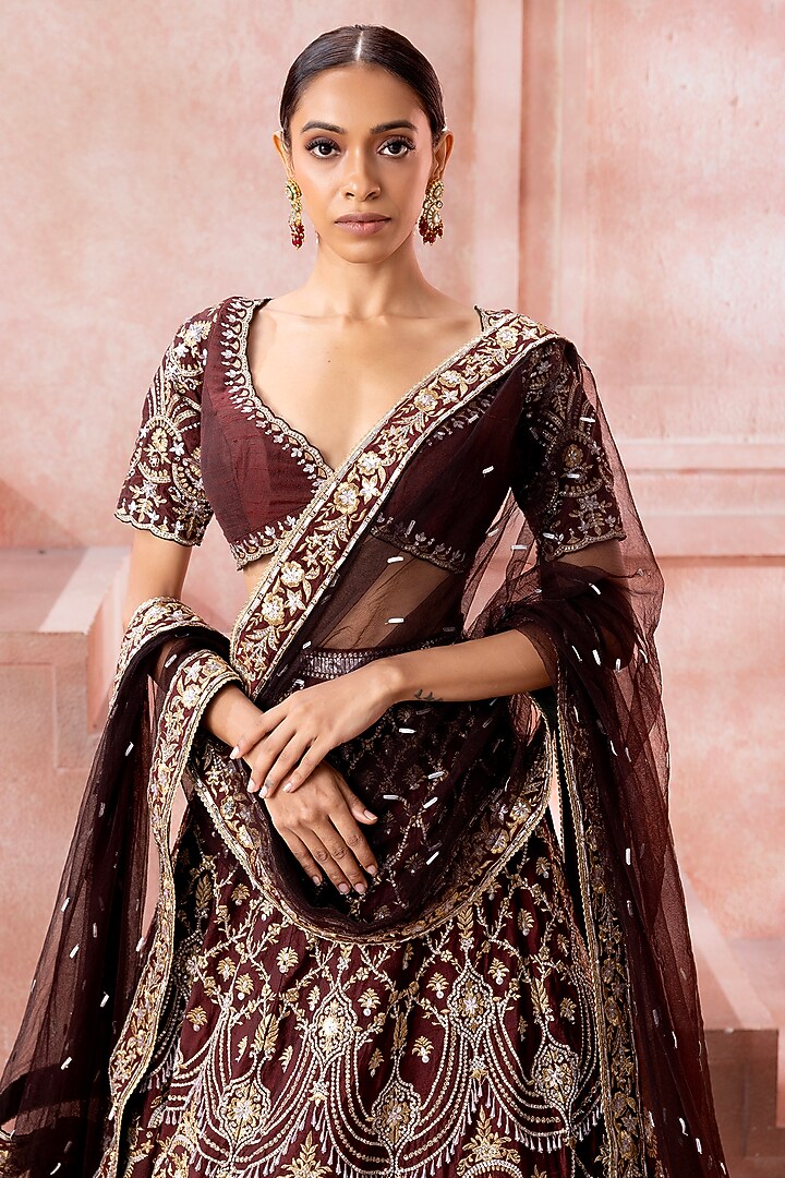 Mocha Brown Tulle Floral Motif Embroidered Bridal Lehenga Set by Neeta Lulla at Pernia's Pop Up Shop
