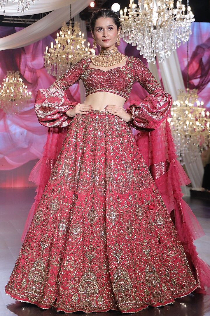 Maroon Raw Silk Pearl & Cutdana Embellished Bridal Lehenga Set by Neeta Lulla at Pernia's Pop Up Shop