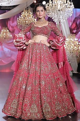Maroon Raw Silk Pearl & Cutdana Embellished Lehenga Set by Neeta Lulla