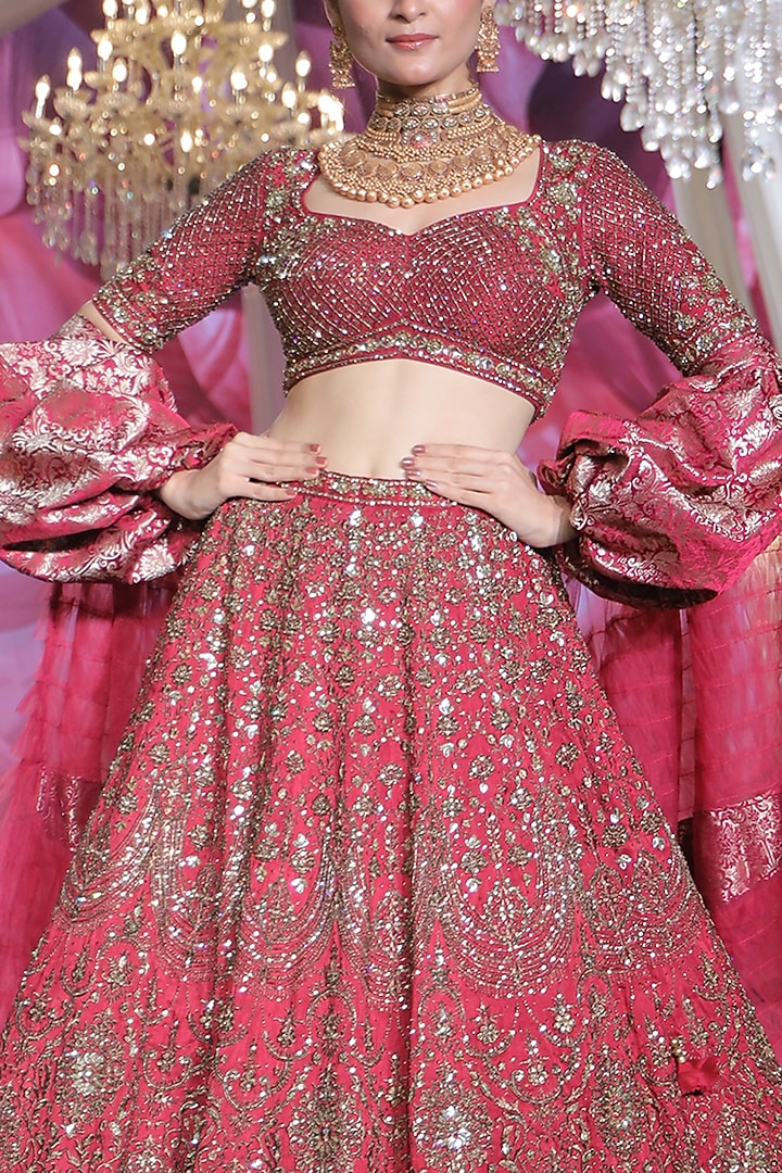 Maroon Raw Silk Pearl & Cutdana Embellished Bridal Lehenga Set by Neeta Lulla at Pernia's Pop Up Shop