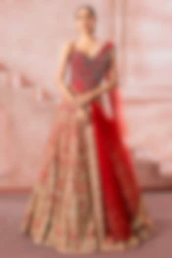 Cherry Red Tulle Zardosi Embroidered Bridal Lehenga Set by Neeta Lulla at Pernia's Pop Up Shop