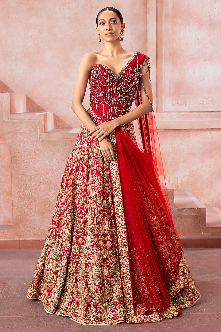 Cherry Red Tulle Zardosi Embroidered Bridal Lehenga Set by Neeta Lulla at Pernia's Pop Up Shop