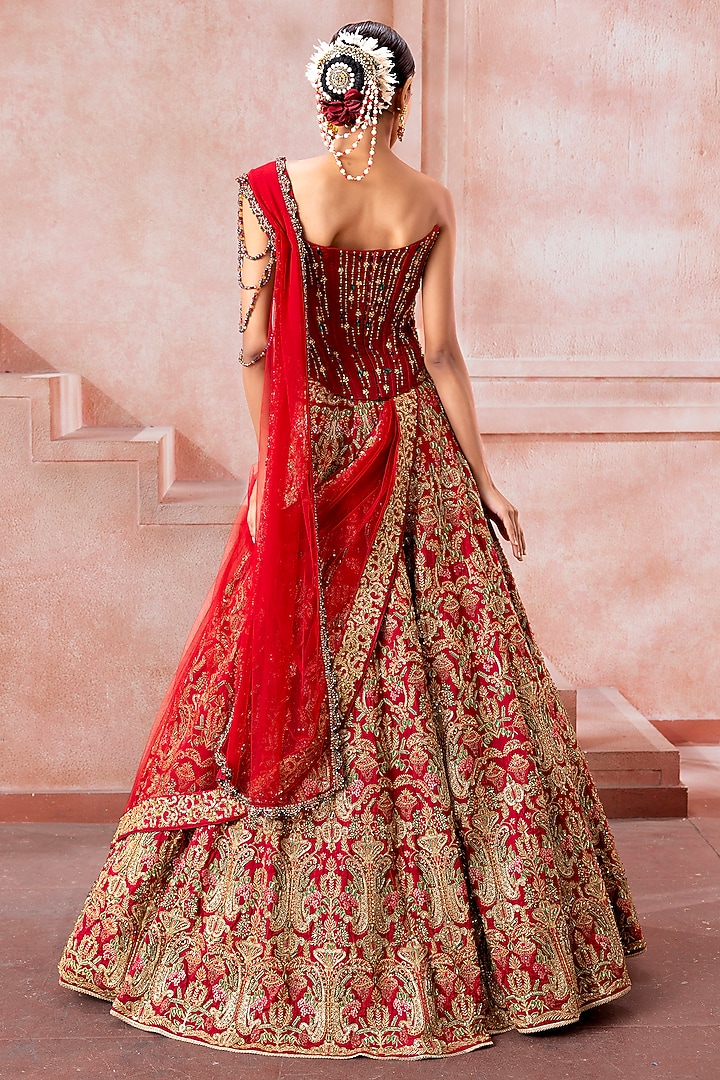 Cherry Red Tulle Zardosi Embroidered Bridal Lehenga Set by Neeta Lulla at Pernia's Pop Up Shop