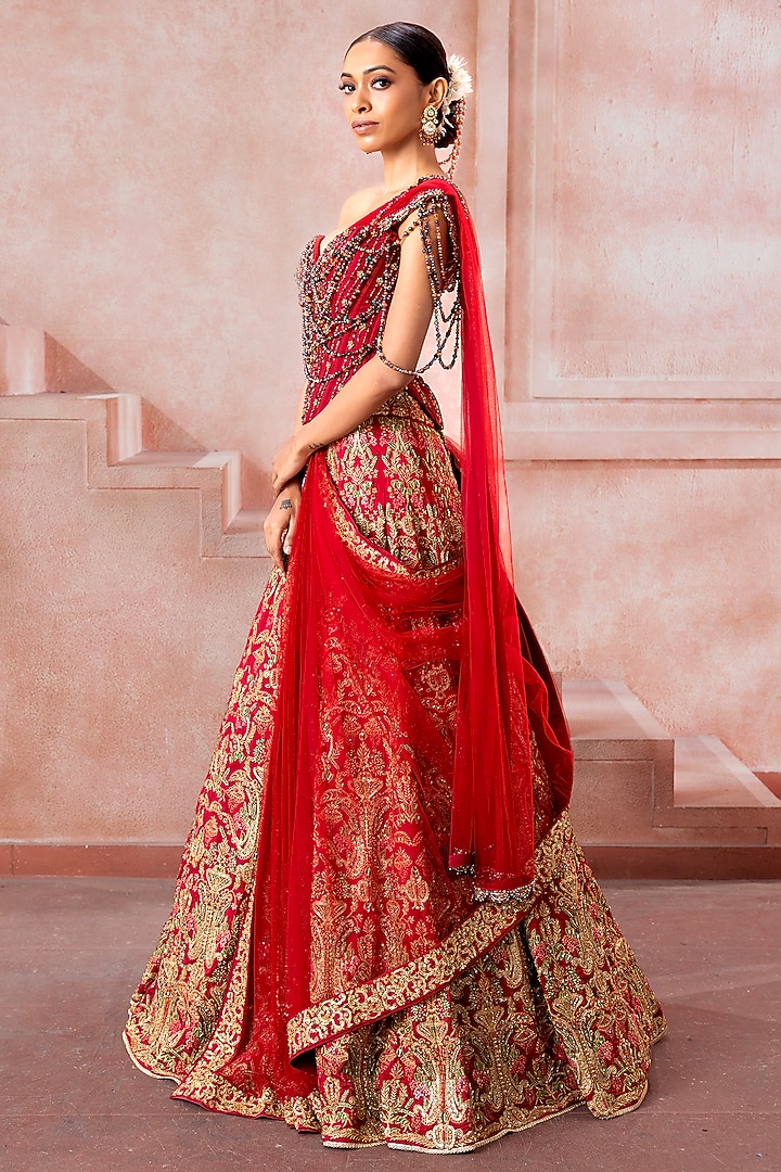 Cherry Red Tulle Zardosi Embroidered Bridal Lehenga Set by Neeta Lulla at Pernia's Pop Up Shop