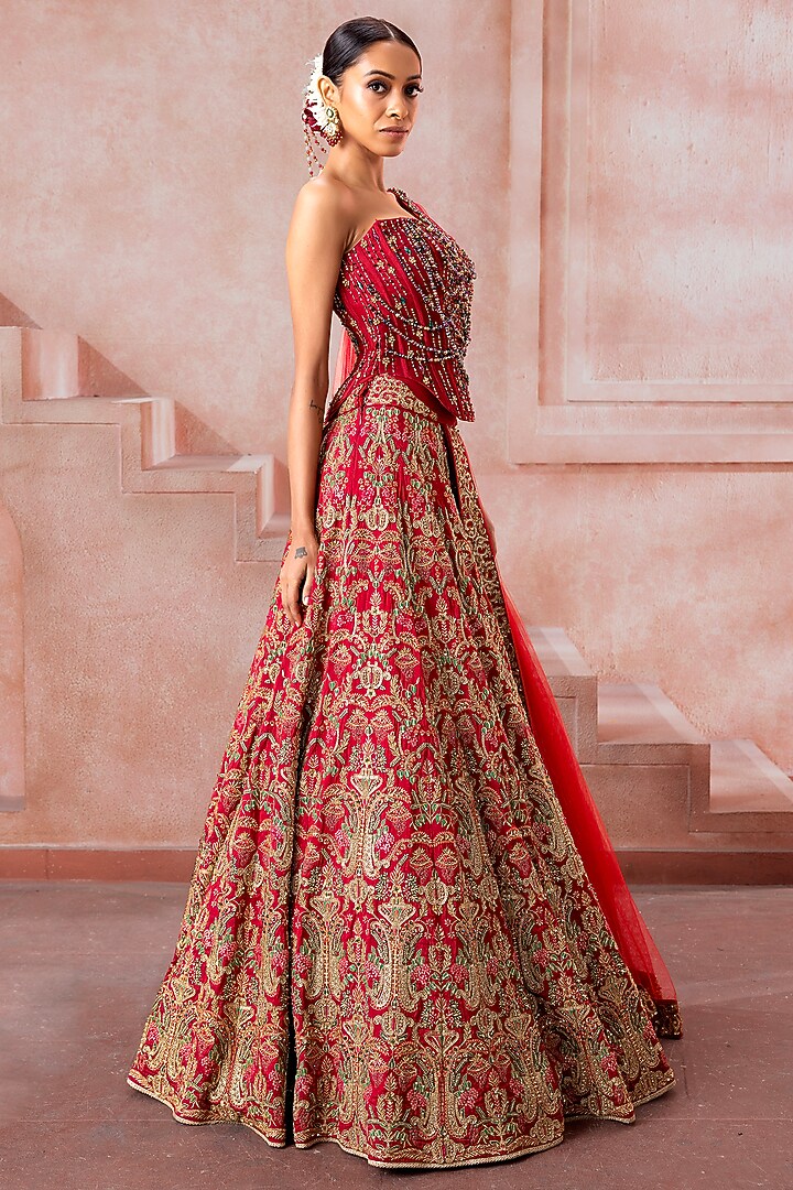 Cherry Red Tulle Zardosi Embroidered Bridal Lehenga Set by Neeta Lulla at Pernia's Pop Up Shop