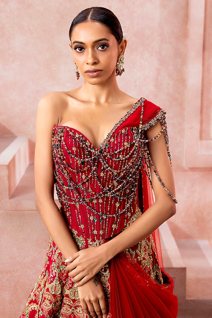Cherry Red Tulle Zardosi Embroidered Bridal Lehenga Set by Neeta Lulla at Pernia's Pop Up Shop