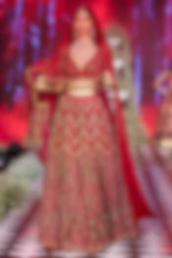 Carmine Red Tulle Cutdana Embroidered Bridal Lehenga Set by Neeta Lulla at Pernia's Pop Up Shop