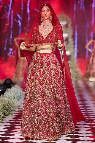 Carmine Red Tulle Cutdana Embroidered Lehenga Set by Neeta Lulla