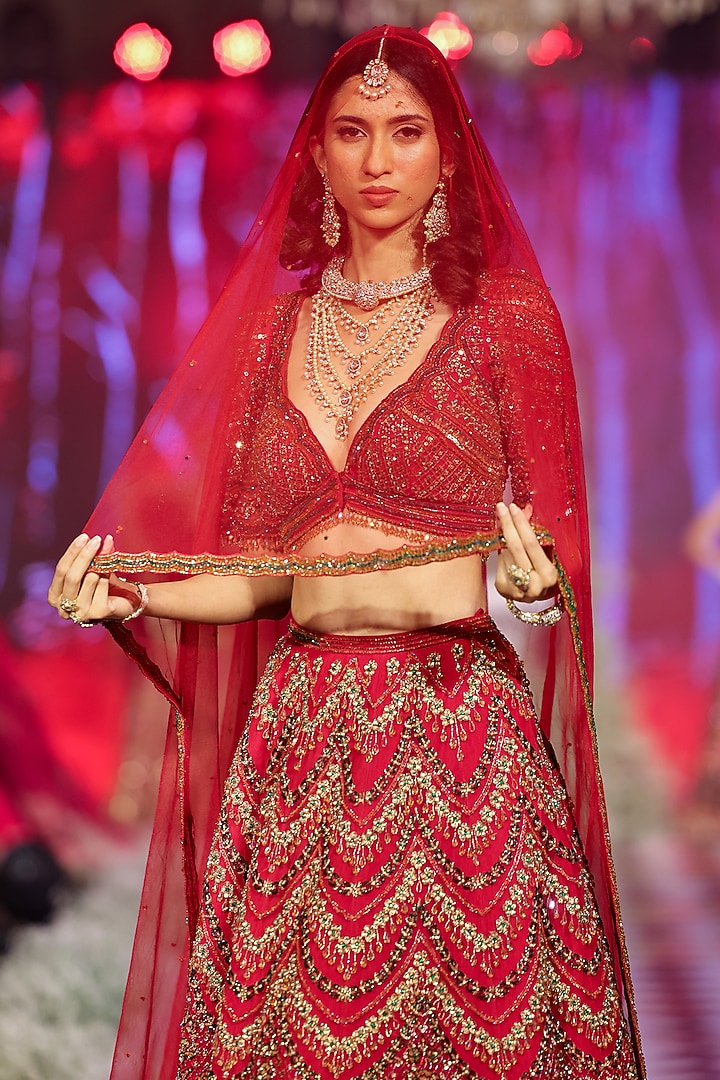 Carmine Red Tulle Cutdana Embroidered Bridal Lehenga Set by Neeta Lulla at Pernia's Pop Up Shop