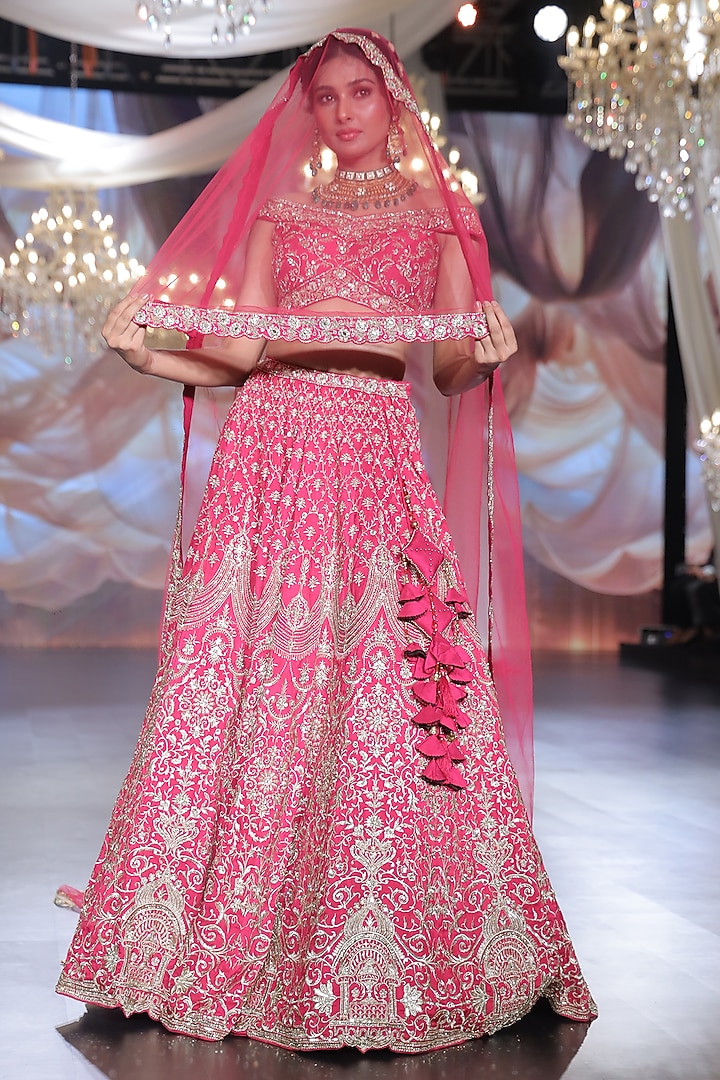 Ruby Red Raw Silk Zardosi Embroidered Bridal Lehenga Set by Neeta Lulla at Pernia's Pop Up Shop