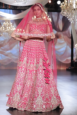 Ruby Red Raw Silk Zardosi Embroidered Lehenga Set by Neeta Lulla