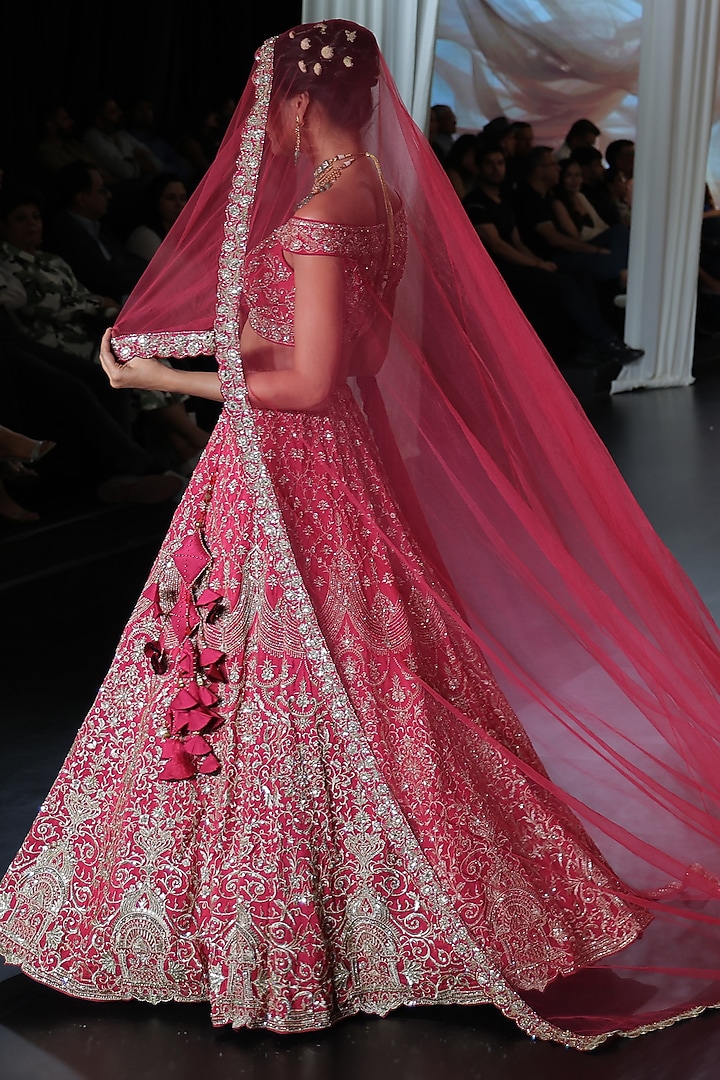 Ruby Red Raw Silk Zardosi Embroidered Bridal Lehenga Set by Neeta Lulla at Pernia's Pop Up Shop