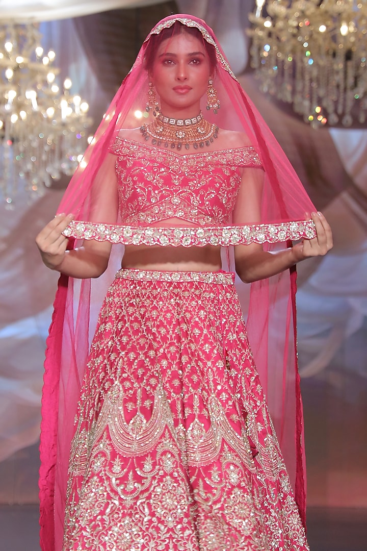 Ruby Red Raw Silk Zardosi Embroidered Bridal Lehenga Set by Neeta Lulla at Pernia's Pop Up Shop