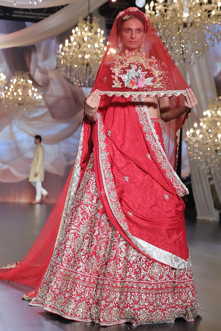 Deep Red Raw Silk Zardosi Embroidered Bridal Lehenga Set by Neeta Lulla at Pernia's Pop Up Shop
