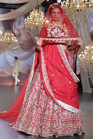 Deep Red Raw Silk Zardosi Embroidered Lehenga Set by Neeta Lulla