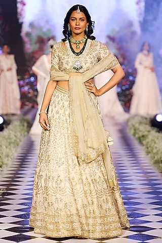 Ecru Beige Raw Silk Floral Jaal Embroidered Lehenga Set by Neeta Lulla