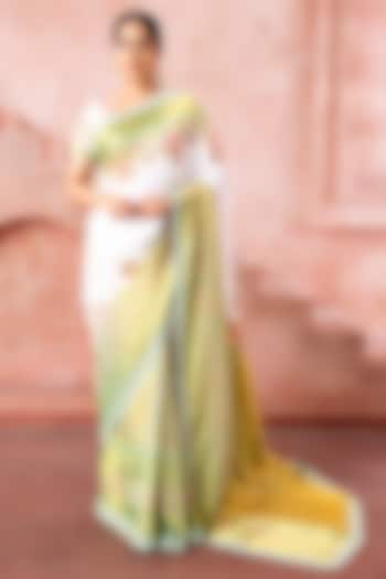 White & Olive Green Kanjivaram Silk Embroidered Bridal Saree Set by Neeta Lulla at Pernia's Pop Up Shop