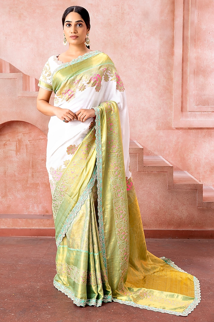White & Olive Green Kanjivaram Silk Embroidered Bridal Saree Set by Neeta Lulla at Pernia's Pop Up Shop