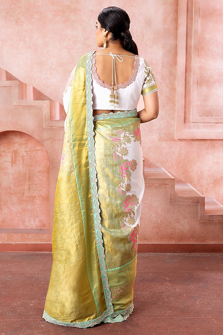 White & Olive Green Kanjivaram Silk Embroidered Bridal Saree Set by Neeta Lulla at Pernia's Pop Up Shop