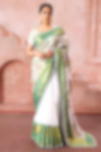 White & Sage Green Kanjivaram Silk Embroidered Bridal Saree Set by Neeta Lulla at Pernia's Pop Up Shop