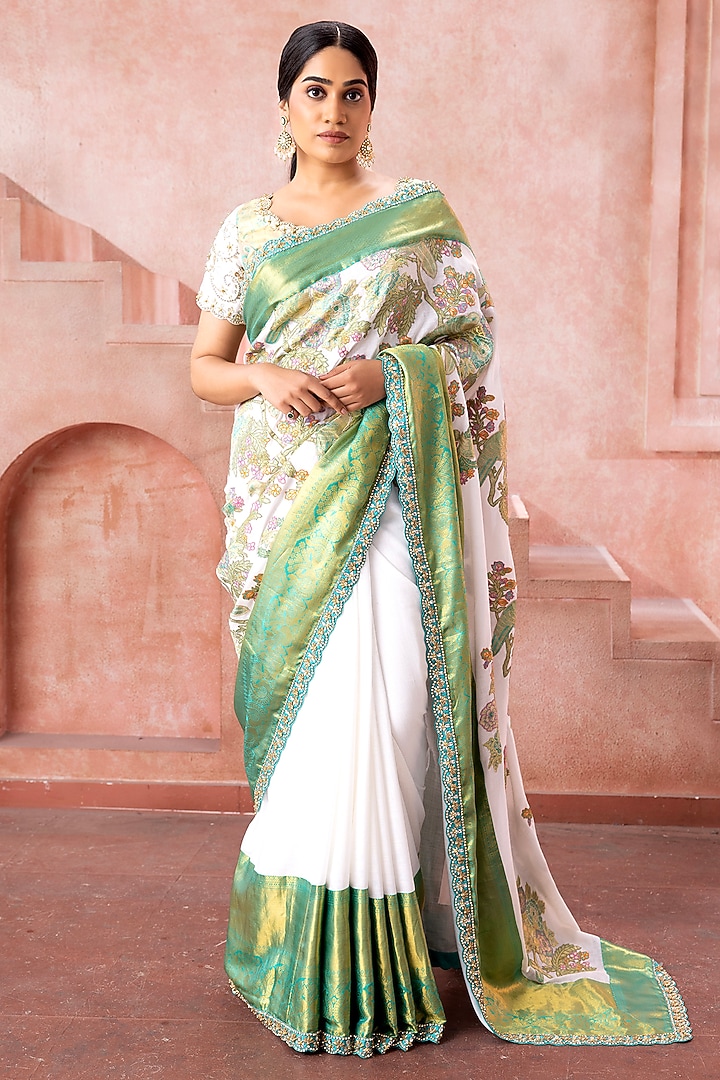 White & Sage Green Kanjivaram Silk Embroidered Bridal Saree Set by Neeta Lulla at Pernia's Pop Up Shop