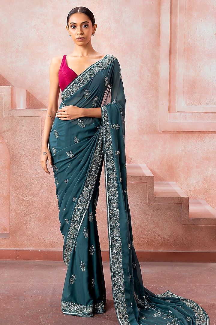 Bottle Green Chiffon Sequins Embroidered Reception Saree Set by Neeta Lulla at Pernia's Pop Up Shop