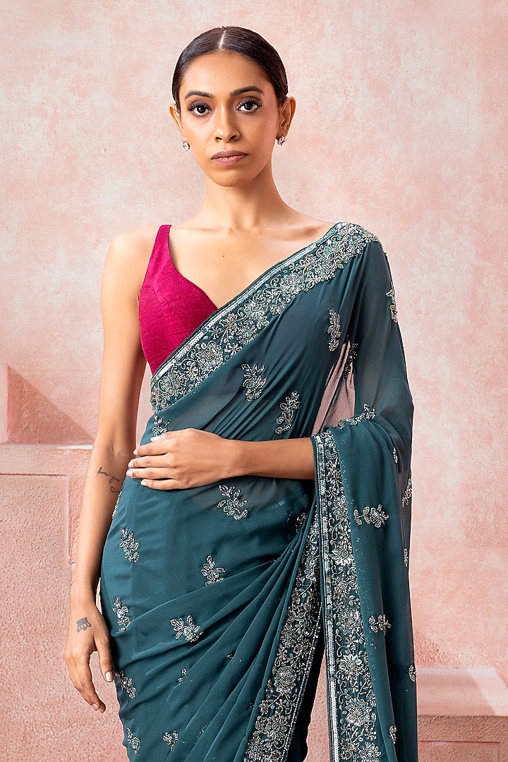 Bottle Green Chiffon Sequins Embroidered Reception Saree Set by Neeta Lulla at Pernia's Pop Up Shop