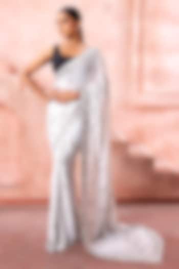 Smokey Grey Chiffon Hand Embroidered Reception Saree Set by Neeta Lulla at Pernia's Pop Up Shop
