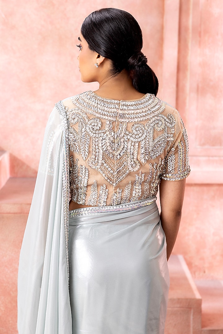 Silver-Grey Shimmer Georgette Embroidered Wedding Saree Set by Neeta Lulla at Pernia's Pop Up Shop