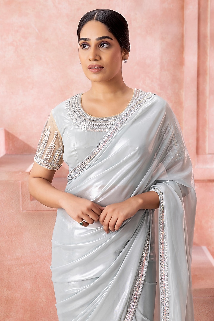 Silver-Grey Shimmer Georgette Embroidered Wedding Saree Set by Neeta Lulla at Pernia's Pop Up Shop
