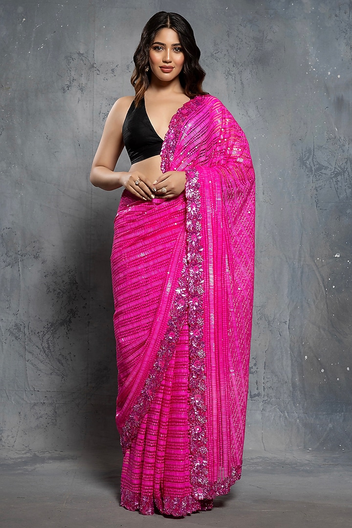 Hot Pink Georgette Sequins Embellished Reception Saree Set by Neeta Lulla at Pernia's Pop Up Shop